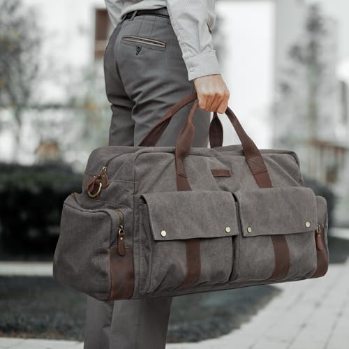 S-ZONE Unisex 56L Duffle Bag Canvas Travel Bag Carry on Leather Trim Overnight Weekender Bag Sports Bag for Travel Weekend Holiday, Grey