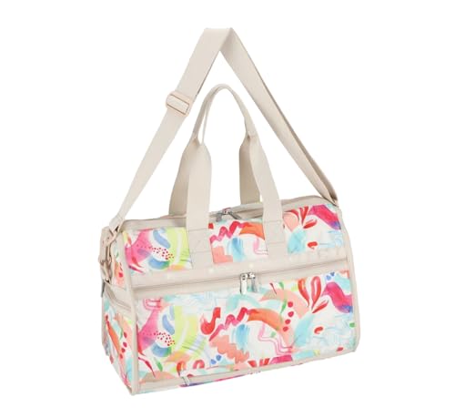 LeSportsac Abstract Canvas Deluxe Medium Weekender Crossbody Bag, Style 4318/Color E838, Vibrant Tropical Watercolor Style Brushstrokes Unite in Eclectic Modern Interpretive Wearable Art in Motion