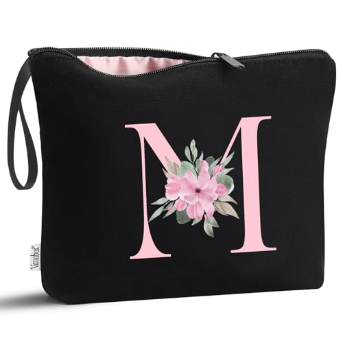 Vavabox A-Z Personalized Makeup Bag, Birthday Gifts for Women Mom, Gifts for Best Friend, Bride Bridesmaid Cosmetic bag (M, Black)