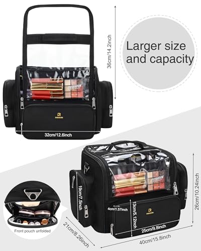 Makeup Brush Bag, Clear Makeup Brush Holder with Lid, Extra Large Capacity Travel Cosmetic Bag Makeup Artist Must Haves, Black Makeup Case, Make Up Organizers and Storage, with Adjustable Dividers