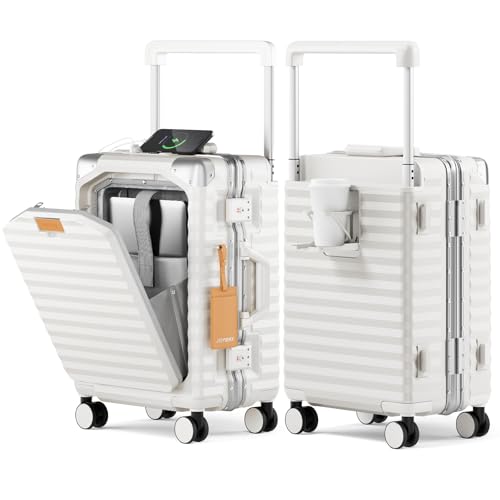 Joyway 20 Inch Carry on Luggage with Aluminium Frame and Front Pocket, PC Hardshell Suitcase with USB Port and Cup Holder, 21.5x14.2x9 Airline Approved, Luggage with Spinner Wheels and TSA Lock(White)
