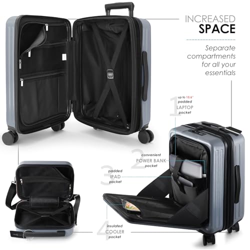 TRAVELARIM 20 Inch Carry On Luggage 22x14x9 Airline Approved, Carry On Suitcase with Wheels, Hard-shell Carry-on Luggage, Grey Small Suitcase, Hardside Luggage Carry On with Cosmetic Carry On Bag