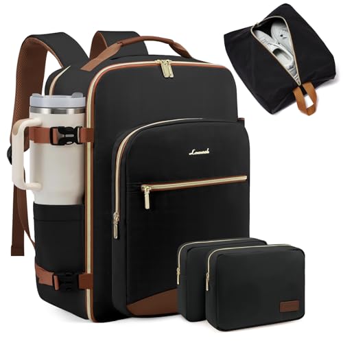LOVEVOOK 40L Large Travel Backpack for Women Men, 17 Inch Carry on Backpack for Traveling on Airplane, Personal Item Bag Airline Approved, Business Causal Weekender Backpack, Black-Brown