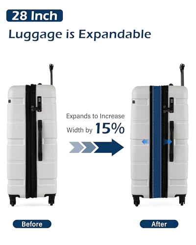 Coolife Expandable Large Checked Luggage Hardside PC+ABS Suitcase with TSA Lock, Lightweight Rolling Carry On with Spinner Wheels(White, 28in)