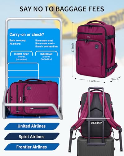 ECOHUB 17" Small Travel Backpack, United Airlines Personal Item Bag 17x10x9 with 16 Pockets, Water Resistant Rucksacks Fit 15.6" Laptop, AirTag Pocket, Lightweight Casual Daypack, 25L, Red