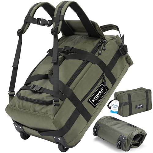 STOVER 45L Carry-On U-Zip Rolling Duffel Bag with Wheels, Medium Durable Travel Duffle w/Toiletry Bag, Heavy-Duty, Packable, Foldable w/Shoulder Straps- Use as Luggage or Backpack, Men/Women (Green)