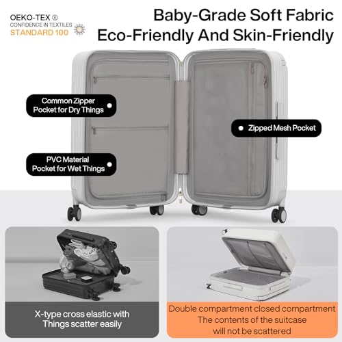 mixi Carry On Luggage Airline Approved Wide Handle Lightweight Luggage PC Hard Shell Suitcases Rolling Suitcases with Spinner Wheels & TSA Lock, 20 Inch Smoke White