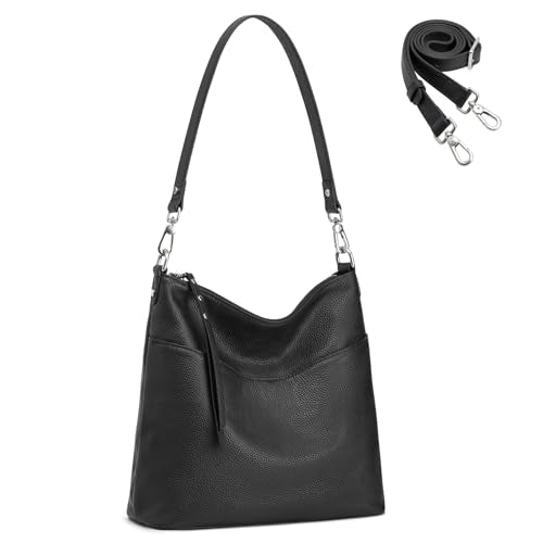 S-ZONE Leather Tote Bag for Women Medium Crossbody Handbags Shoulder Hobo Purse with 2 Removable Straps, Black
