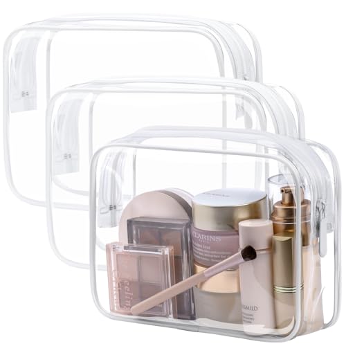 PACKISM TSA Approved Toiletry Bag - Clear Makeup Bag 3 Pack Medium, Metal Smooth Zipper Quart Size Bag for 3-1-1 Liquids, Travel Makeup Bag for Women Men, Airport Airline Compliant Bag, White