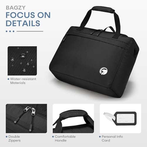 BAGZY 40x30x15cm Personal Item Travel Bag 16x12x6 inch Lightweight Gym Bag Foldable Duffle Bag Mens Water-resistant Weekender Bags for Women for Overnight Hospital Carry on Bags for Airplanes Black