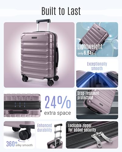 LIGHT FLIGHT Carry On Luggage 22x14x9 Airline Approved, Expandable Carry On Suitcases with Wheels, Lightweight Luggage, Durable Hard Shell 20 Inch Rolling Suit Case for Men Women Travel,Rose Purple