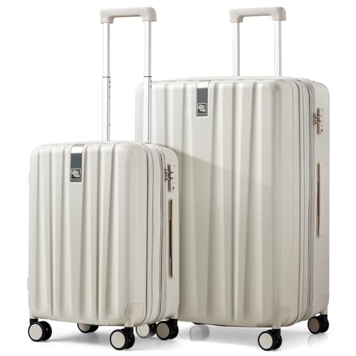 Hanke Expandable Hard Shell Luggage Sets 2 piece Carry On Luggage with Wheels Suitcases Lightweight Checked Travel Luggage Rolling Large Suitcase Travel Luggage Bag Woman Men 20/29 Inch(Ivory White)
