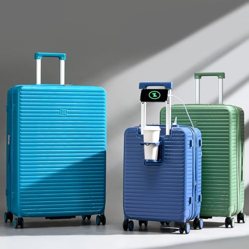 HanTrip Hard Shell Suitcases Airline Approved 20 Inch Carry on Luggage with Wheels, Expandable Travel Luggage with Cup Holder Charger Built in Lightweight Small Suitcase, Silver