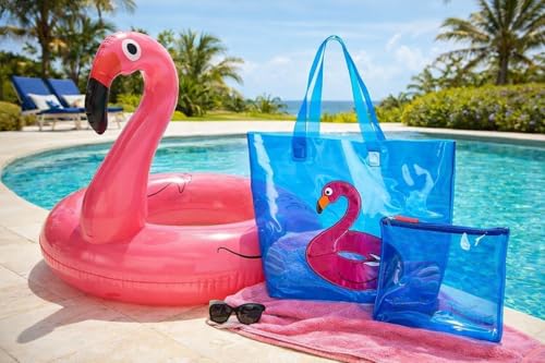 Luv Betsey Johnson Flamingo Beach Set, Waterproof Vinyl Tote, Ditty Pouch & 6 Ft Inflatable Float, Blue and Pink