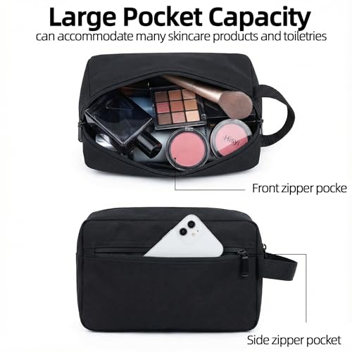 DSYSC Travel Toiletry Bag for Women Men, Small Makeup Bag, Water-Resistant Cosmetic Bag, Cosmetic Pouch, Traveling Dopp Kit, Travel Essentials Accessories (Black)