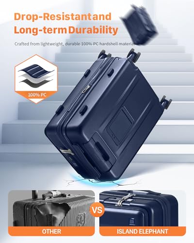 ISLAND ELEPHANT 20IN Carry On Luggage Airline Approved - Expandable Hardside Suitcase with 16" Laptop Compartment, Cup Holder, Phone Mount, USB Port,TSA Lock, 360°Spinner Wheels (Navy Blue)