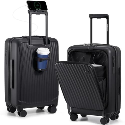 OIWAS Carry On Luggage with Cup Holder, Top Opening Carry On Suitcase with USB Port, Phone Holder, One-Click Brake, Top Lid Opening Hardside Luggage for Travel, Business Trip, Black