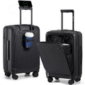 OIWAS Carry On Luggage with Cup Holder, Top Opening Carry On Suitcase with USB Port, Phone Holder, One-Click Brake, Top Lid Opening Hardside Luggage for Travel, Business Trip, Black