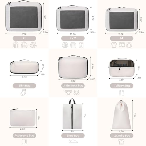 Prezon Mesh Packing Cubes for Travel, Durable Luggage Organizer with Sturdy Material and Double Zippers, Comprehensive Set for Travel Accessories Storage, 10 set, cream