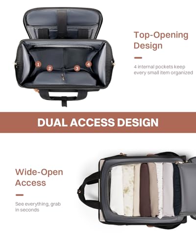 Rolling Puffer Backpack for Women, Travel Backpack with Wheels, 16 Inch Wheeled Laptop Backpck, Dual-Opening Design Overnight College Underseat Carry on Luggage, Roller Business Work Bag, Beige Brown
