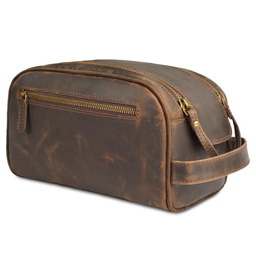 LEATHER VILLAGE Genuine Leather Toiletry Travel Bag With Waterproof Lining - Brown | King-Size Handcrafted Vintage Dopp Kit Bag, Shaving & Bathroom Organizer, Gift for Men & Women