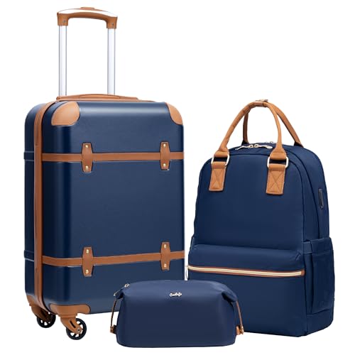 Coolife Luggage Set 3 Piece Suitcase Set Carry On Luggage Hardside Luggage TSA Lock Spinner Wheels Telescopic Handle (Navy, 3 piece set (BP/TB/20))