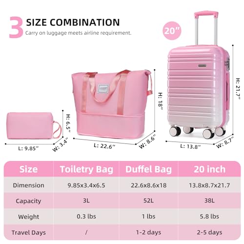 LARVENDER Luggage Sets 3 Piece, 20 Inch Carry on Luggage 22x14x9 Airline Approved Hardside PC+ABS Suitcase Set with Spinner Wheels TSA Lock, Lightweight Luggage Set for Women, Peach Sparkling