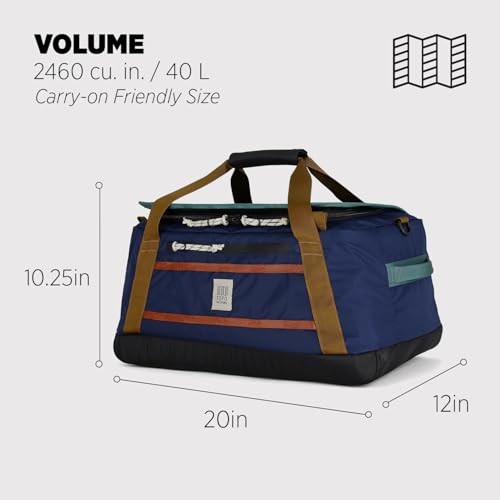 Topo Designs Mountain Duffel 40L, Recycled Nylon Ripstop Travel Bag, Removable Backpack Straps, Interior Mesh Pockets (Midnight/Caribbean)