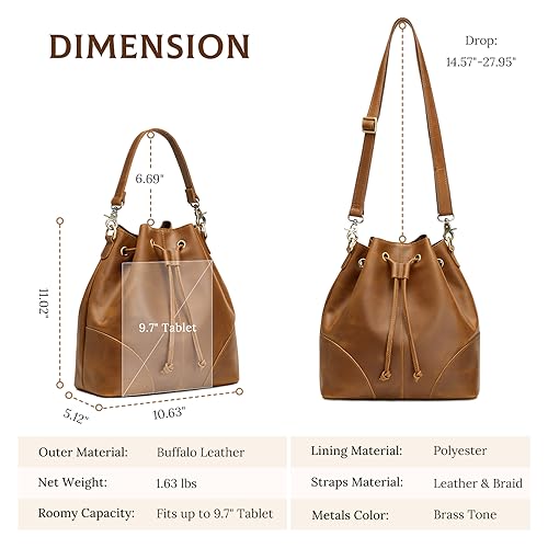 S-ZONE Genuine Leather Bucket Bags for Women Drawstring Crossbody Purses Shoulder Top Handle Handbags with 2 Straps