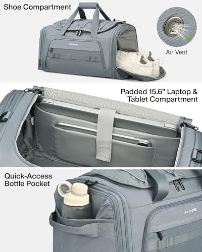 Hanke Gym Bag for Men Women, Expandable 45L-55L Large Capacity Travel Duffle Bag, 3-in-1 Weekender Backpack with Shoe Compartment & Wet Pocket, Durable Water-Resistant, Grey