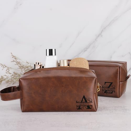 JSENGIFT Mens Toiletry Travel Bag Initial M, Personalized Leather Toiletry Bag for Men, Anniversary Christmas Valentines Fathers Day Birthday Gifts for Husband Dad Grandpa Brother