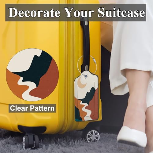 Abstract Landscape PU Leather Luggage Tags for Suitcase, Boho Sun Moon Mountains Travel Cruise 2 Pack with Privacy Flap, Name ID Label and Metal Loop for Women Men Girls Baggage Backpack