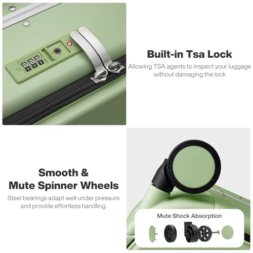 mixi 20 Inch Carry On Luggage 22x14x9 Airline Approved PC Hard Shell Suitcase Top Opening Aluminum Frame Travel Suitcases with Wheels, Avocado Green