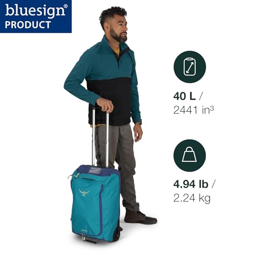 Osprey Daylite 40L Wheeled Carry On Collapsible Travel Duffel Bag, Lightweight Rolling Suitcase, Blue Spikemoss/Alkaline