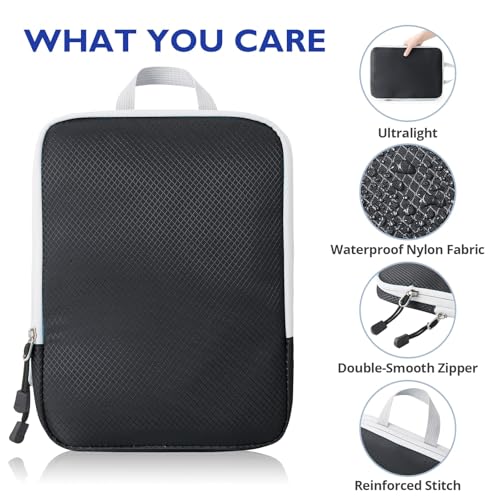 Compression Packing Cubes, 8 Set Packing Cubes for Travel Compression, Lightweight Compressible Package Organizer for Carry On and Suitcases, Black and Grey