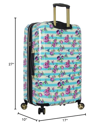 Betsey Johnson 26 Inch Checked Luggage Collection - Expandable Scratch Resistant (ABS + PC) Hardside Suitcase - Designer Lightweight Bag with 8-Rolling Spinner Wheels (Stripe Floral Hummingbird)