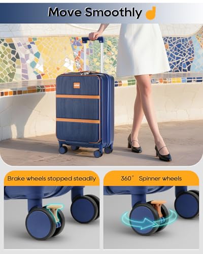 Joyway Carry on Luggage Airline Approved with Front Pocket, Hardside 20 Inch Travel Luggages with Cup Holder, Carry-on Suitcase with Spinner Wheels for Men and Women (Blue, 20 Inch)