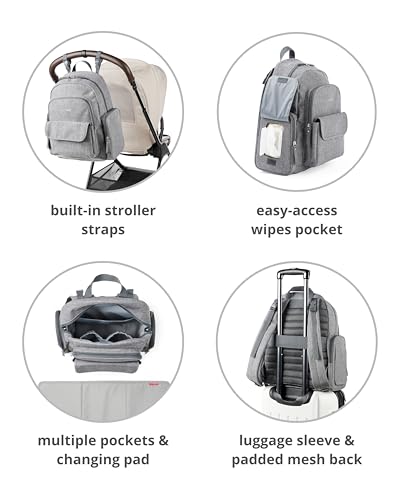 Skip Hop Diaper Bag Backpack with Portable Changing Pad, 9 Total Pockets, Easy-Access Wipes Pocket, Zippered Side Pocket, Luggage Sleeve & Stroller Straps, Fits a 15” Laptop, Luna, Heather Grey