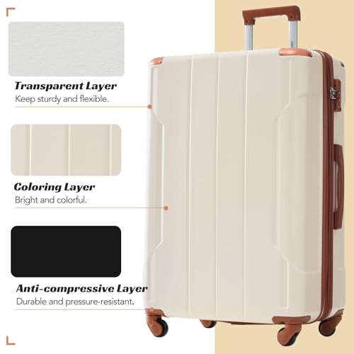 Merax 28 Inch Checked-Large Luggage with Wheels Aluminum Alloy Corner Hard Shell Suitcase TSA Luggage Suitcases for Travel Woman Men(White Brown)