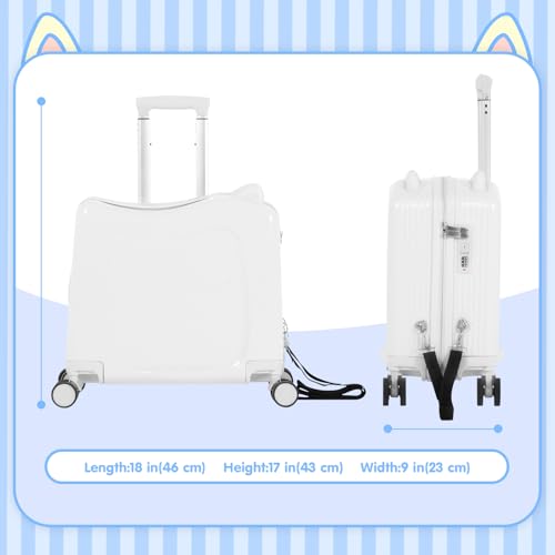 smilesun 20" Ride-On Travel Suitcase for Kids, Cute Ear Toddler Carry on Luggage with Spinner Wheels, Children Rolling Trolly Luggage with Combination Lock (Matte White with Rope)