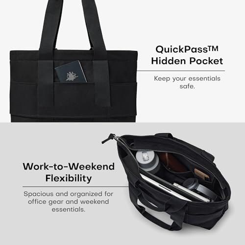 July Everyday Large Tote Bag for Women with Laptop Sleeve, Pass-Through Band, Luggage Sleeve, Drink Bottle Holder, Simple Modern Tote Bag for Travel, Work, Commute & Daily Use - 22L - Black