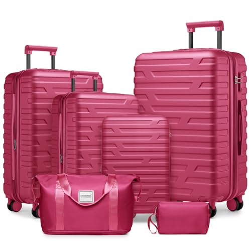 LARVENDER Luggage 6 Piece Sets Hardside Expandable Suitcases with Spinner Wheels TSA Lock, Lightweight Travel Carry On Luggage Sets for Women, Rose Red