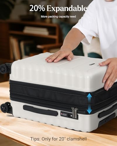 CENSIEN Luggage Sets 2 Pieces, 20/28 Inch PC Hardshell Suitcase with Spinner Wheels, 20 Inch Expandable Clamshell Carry On Luggage and 28 Inch Aluminum Frame Top Opening Checked Luggage (White)