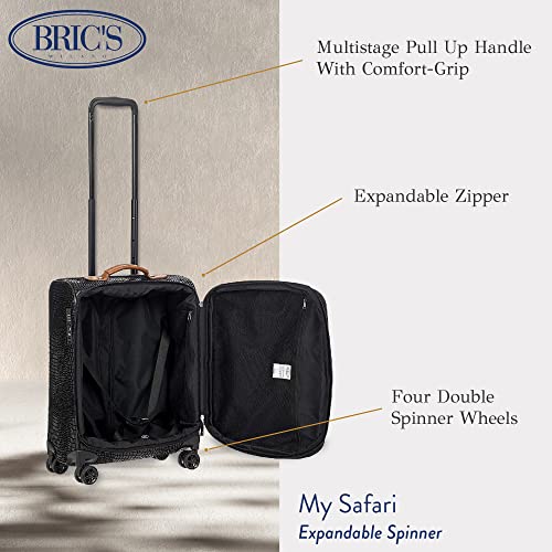 Bric's My Safari Spinner Suitcase, Airline Approved Lightweight Expandable Leather Shell Luggage with Smooth 360° Wheels and TSA Lock - 21 Inch, Black