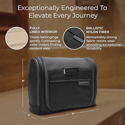 Briggs & Riley Deluxe Hangable Kit - Hanging Toiletry Travel Bag for Women & Men, Organizer for Bathroom Accessories, Makeup, & Skincare, Dopp Kit for Vacation - Baseline Collection, Black