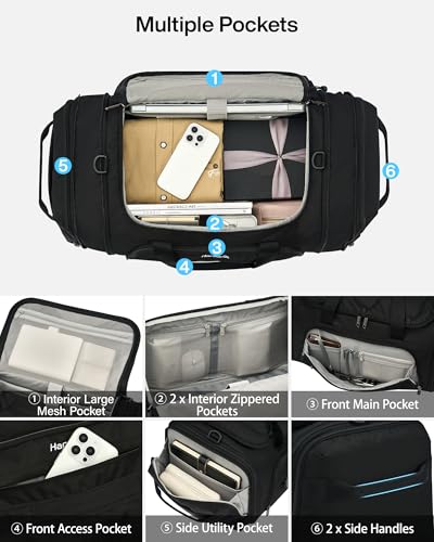 Hanke Duffle Bag for Travel, Dual Expandable 45L-55L Carry On Duffel, 3 In 1 Weekender Tote, Water Resistant Overnight Bag with 15.6" Compartment for Men Women, Black