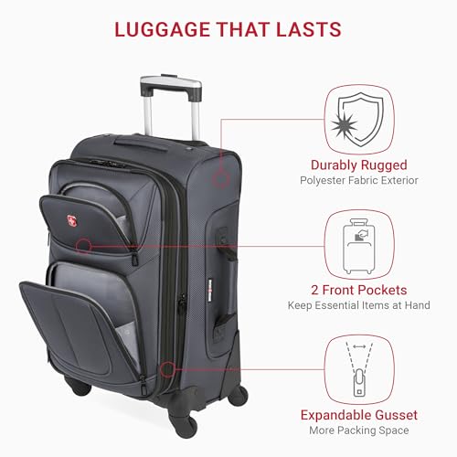 SWISSGEAR Sion Softside Expandable Spinner Luggage Durable Lightweight Travel Suitcase, Dark Grey, Carry-On