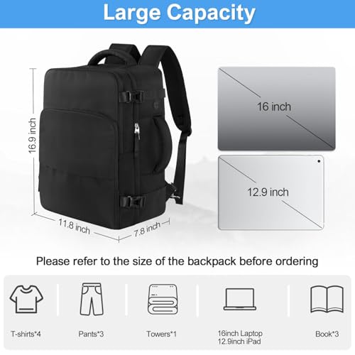 Sinaliy Travel Backpack for Men Women, Airline Approved Carry on Personal Item Bag, Waterproof 16 Inch Laptop Backpack for Work, College School Business, Convertible Travel Bag with Wet Pocket, Black