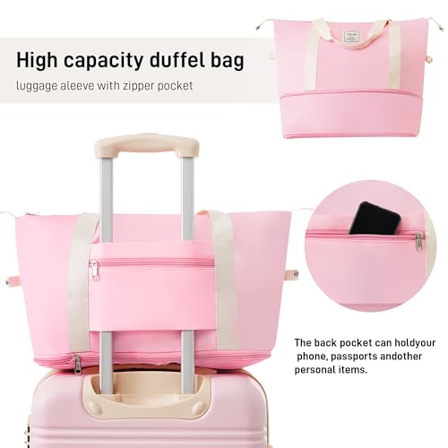 Merax 2 Piece Hardshell Luggage Set, 20”+28” Lightweight Suitcase with TSA Lock and a Travel Bag, Expandable Luggage with Spinner Wheels, Light Pink