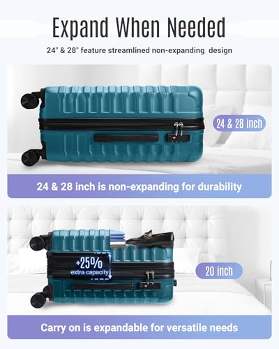 LIGHT FLIGHT Luggage Sets, 3 Piece Durable Suitcase Set with Spinner Wheels, 3 Pcs Hard Shell Lightweight Luggage with TSA Lock, Large Checked Travel Suitcases, 20/24/28 Inch,Teal Blue